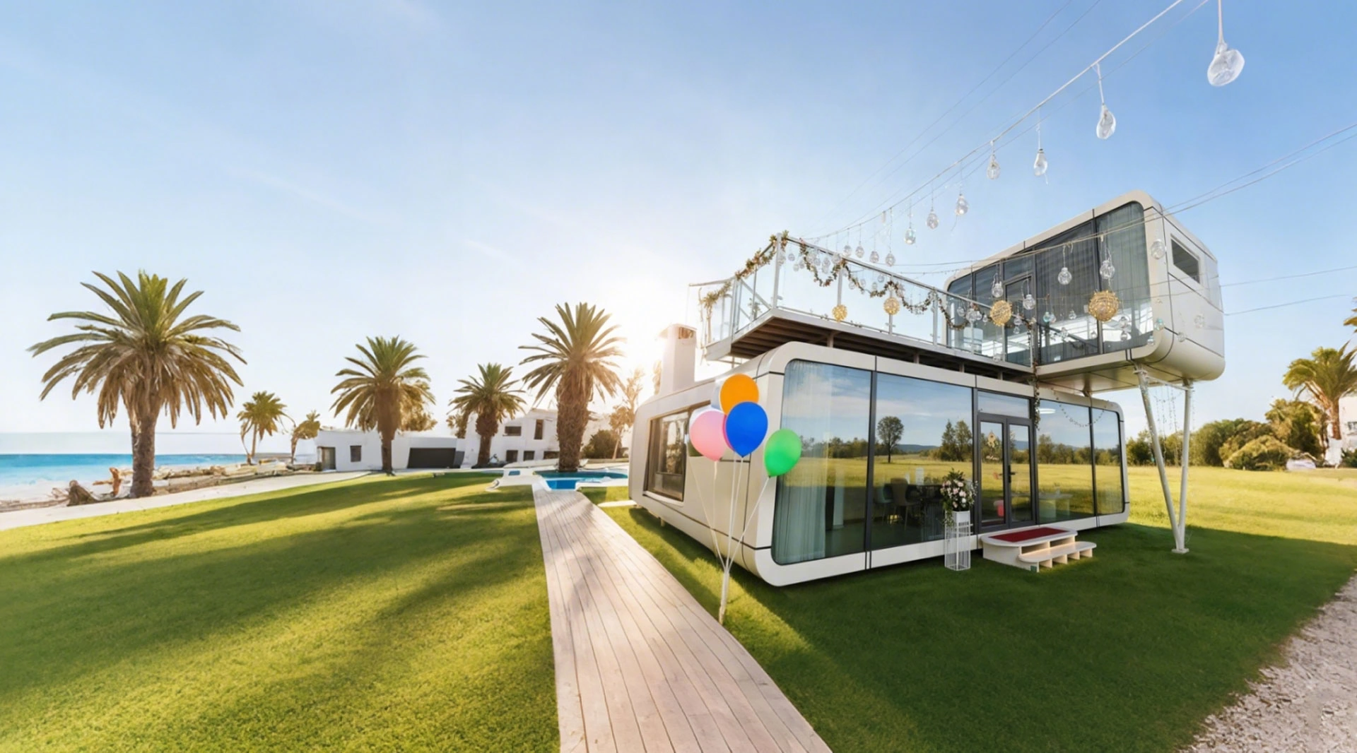 Capsule futuriste avec vue panoramique, integration intelligente et style ideal pour le glamping et les resorts.